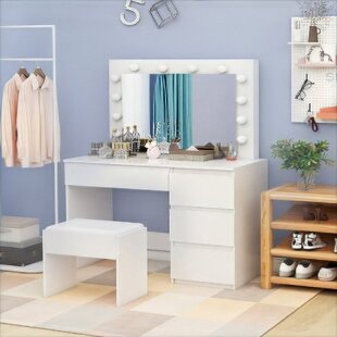 Modern White Extendable Makeup Vanity 5 Drawers Dressing Table Set with  Stool and Mirror