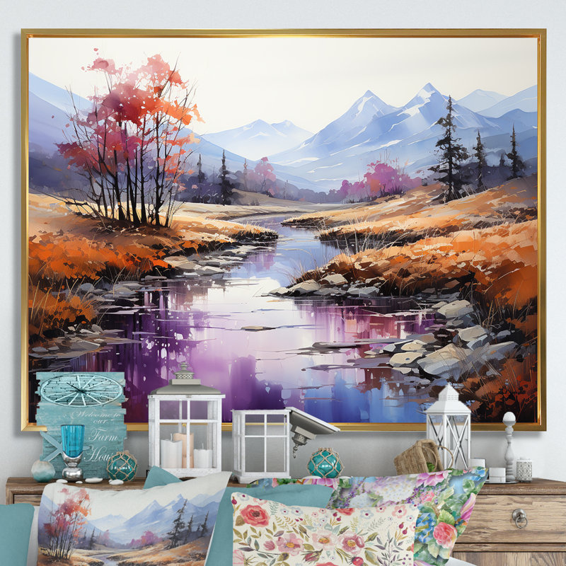 Impression sur toile «Al alcool Ink River Tranquility I», Cadre flottant doré, H 16 po x l 32 po