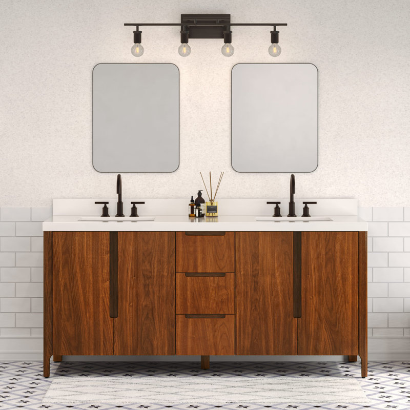 Sequoia 72 In. Double Sink Whitebrook Quartz Countertop Bath Vanity in Mango Wood With Gold Faucet, Noir Juglans