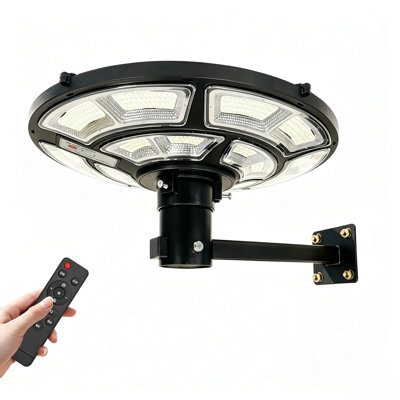 Lampadaire solaire extérieur de 42 cm (16,5 pouces) avec support mural à 90°, 692 DEL, étanchéité IP65, détecteur de mouvement et télécommande.
