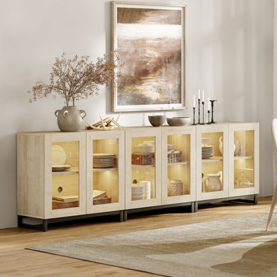 Buffet 3-en-1 multifonctionnel, crédence de buffet à 6 portes en verre, tablette réglable et armoire de rangement à base en métal pour la cuisine, le salon