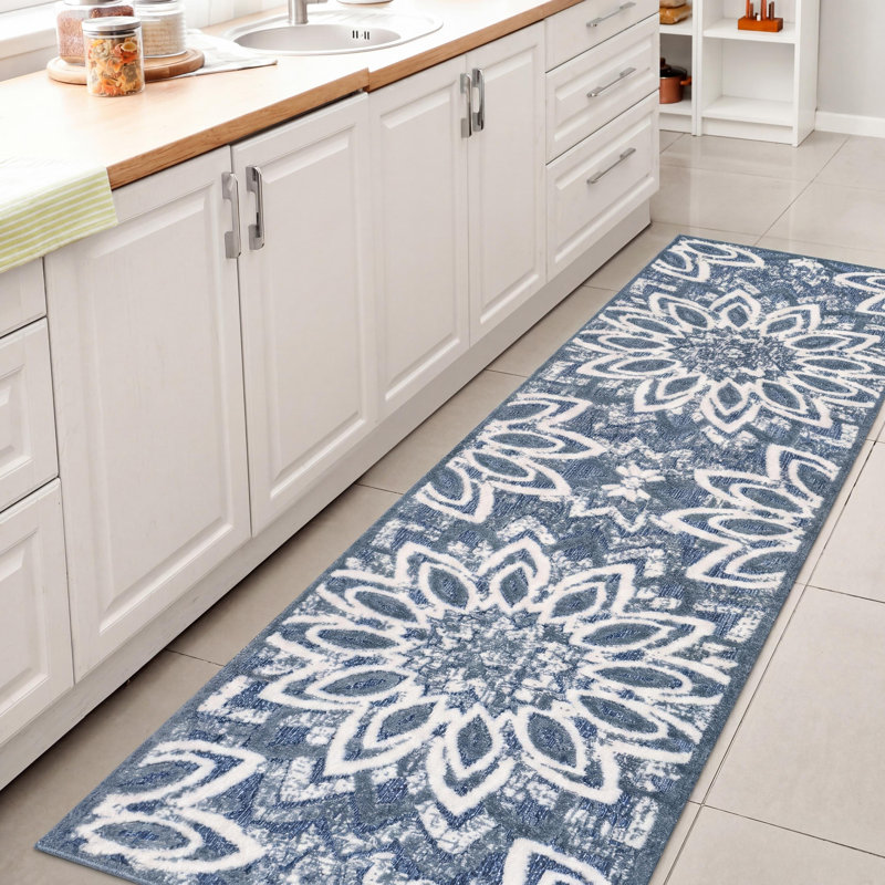 Tapis d'intérieur / extérieur Flora, Dark Blue, Tapis de couloir 2 pi 3 po x 8 pi
