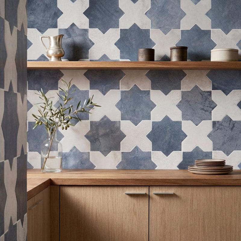 Parma Star-Crossed 6x6 Matte Terracotta Look Porcelain Floor and Wall Tile, Blue/White