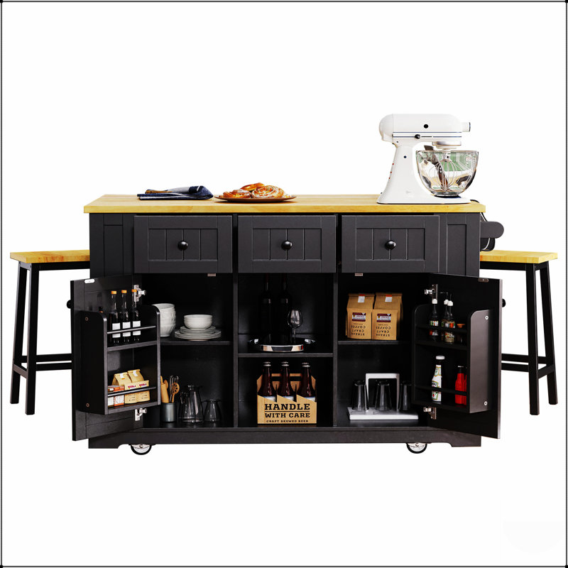 Grand îlot de cuisine de 53 pouces avec 2 tabourets de bar, prise de courant, rangement interne pour porte et 5 roulettes pour une utilisation polyvalente dans la cuisine et la salle à manger