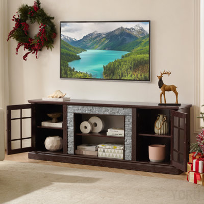 70-Inch Modern Faux Stone TV Stand for Living-Room with 2-Door Storage - Cherry