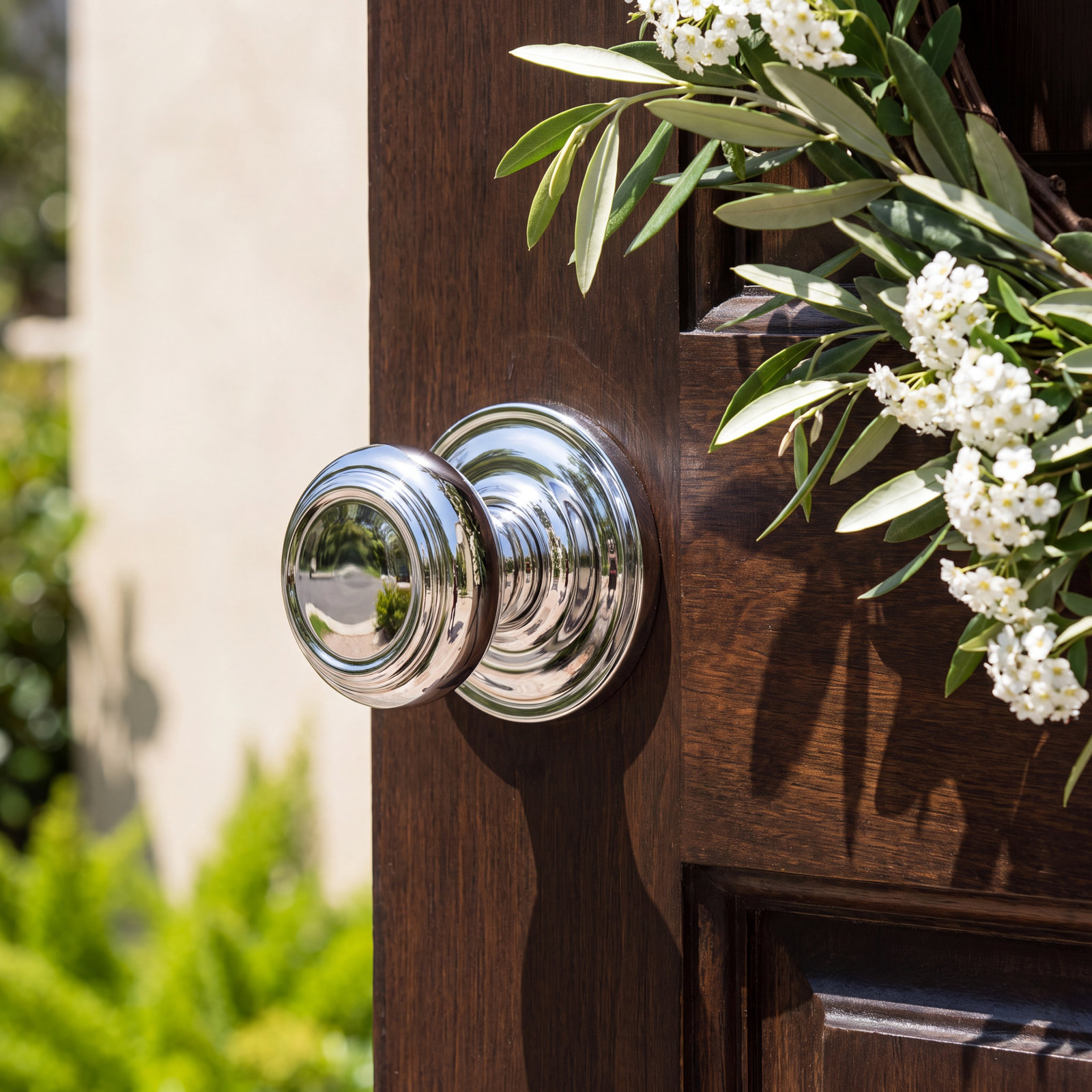 Traditional Privacy Door Knob with Round Rose, Polished Chrome