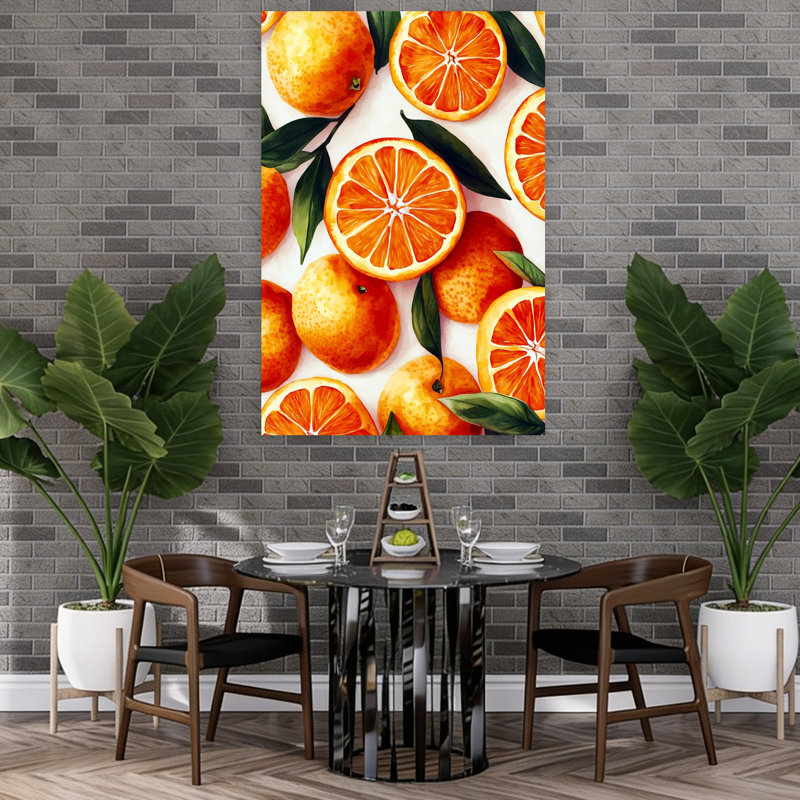 «Vibrant Oranges», art abstrait de fruits tropicaux, 60" H x 40" W