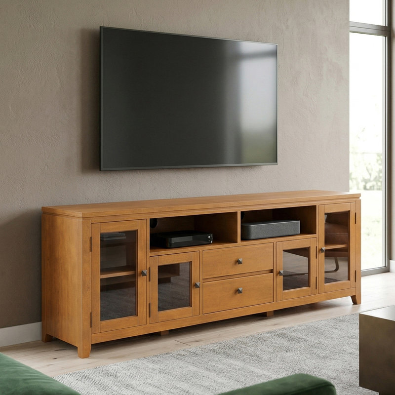 Cosmopolitan SOLID WOOD 72 inch Wide Contemporary TV Media Stand For TVs up to 80 inches, Light Golden Brown