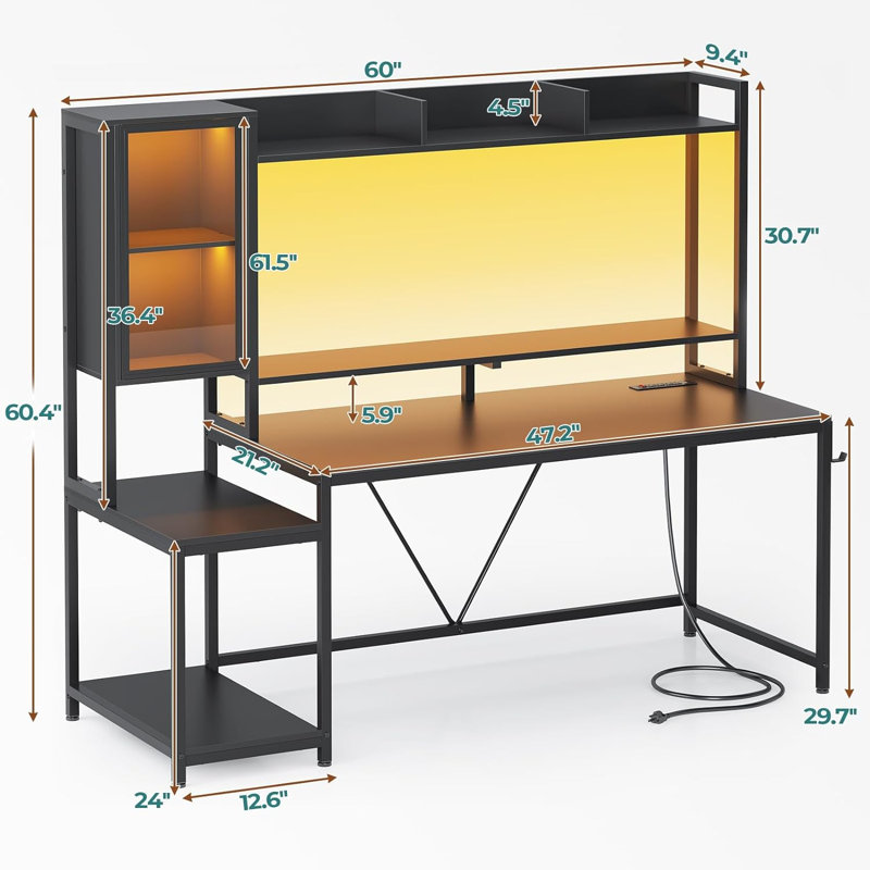 Gaming Desk With Led Lights & Power Outlets, Computer Desk With Hutch, Home Office Desk With Monitor Stand, Display Cabinet, Hooks & Cpu Stand