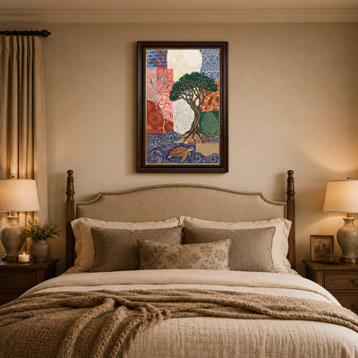 Arbre vert et tortue de mer nageant dans des vagues bleues, art mural