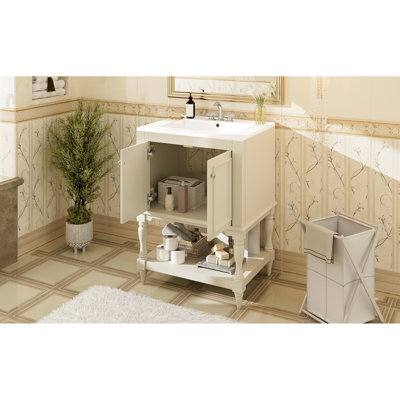 Meuble-lavabo de salle de bain de 61 cm (24 pouces) au design rétro et lavabo en céramique haute brillance, rangement double lisse