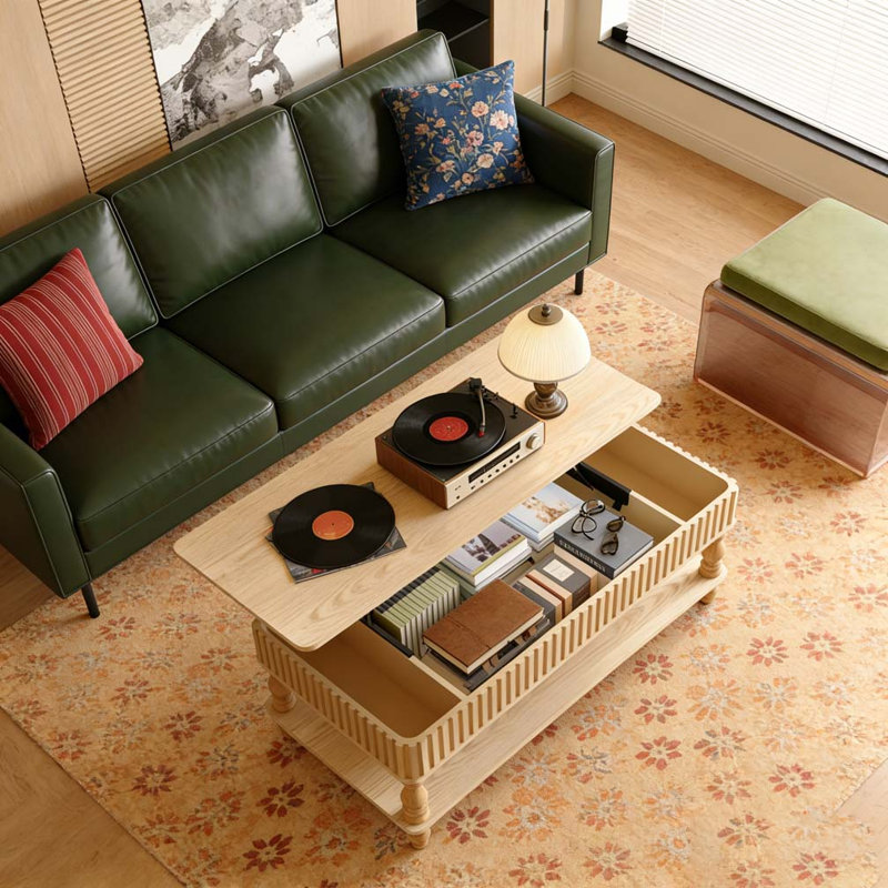 Table basse cannelée avec rangement, Bois naturel
