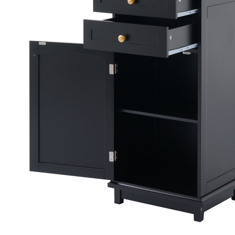 63" Tall Bathroom Storage Cabinet With Glass Doors, Free-Standing, Two Drawers, And Adjustable Shelves, MDF Board