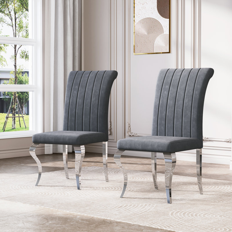 18.5”H Modern Dining Chairs, Arm Less Chair With Polished Stainless Steel Legs, Gray, Silver