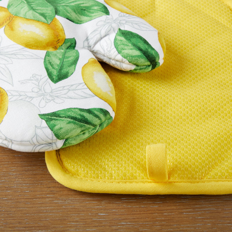 Lemon Print Cotton Kitchen Towel and Mitt Set, 4-Pack