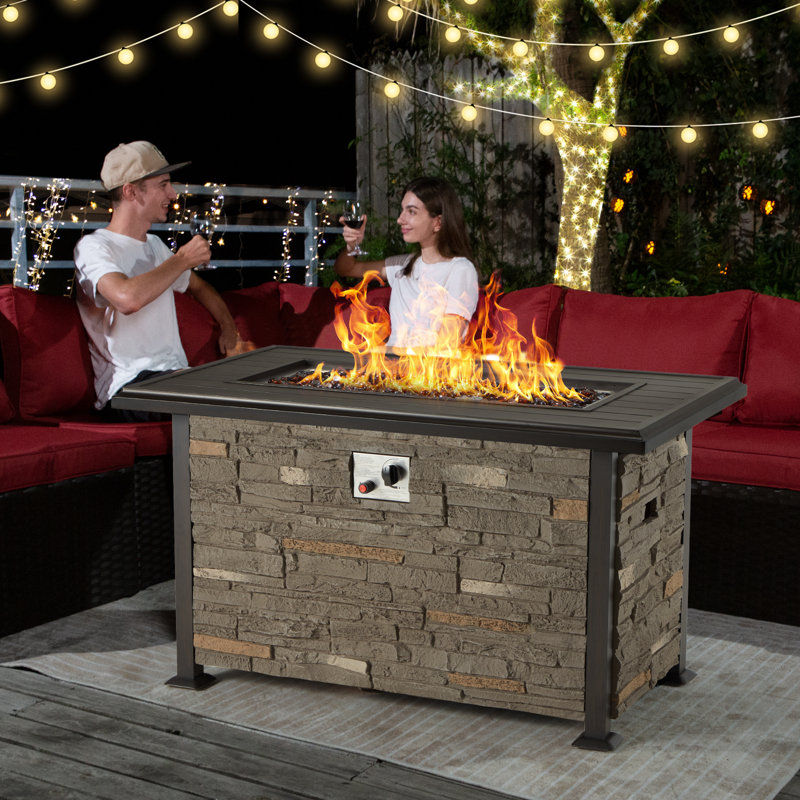 Gray Aluminum Propane Gas Fire Pit Table with Faux Stone