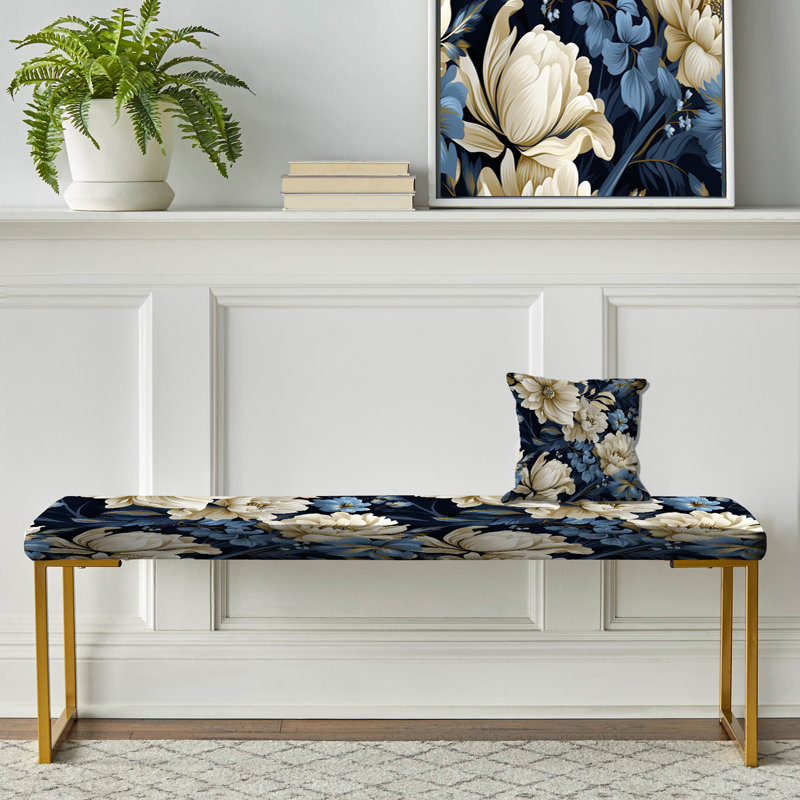 Damask Breeze - banc rembourré damassé bleu foncé et blanc