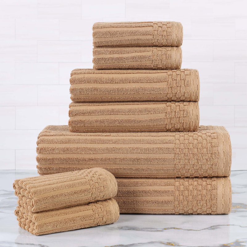 Ensemble de serviettes en coton à bordure à carreaux très absorbant, Marron clair, Ensemble de serviettes 8 pièces