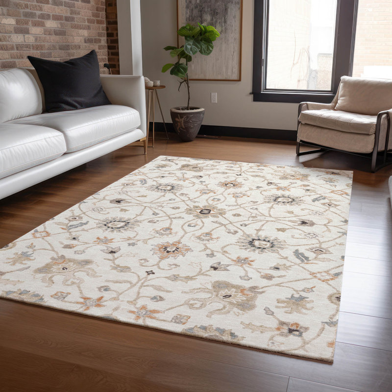 Ivory Rectangular Synthetic Washable Indoor/Outdoor Rug