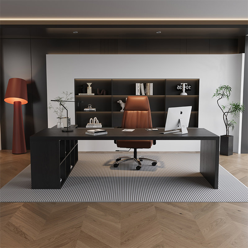 Black Rectangular Solid Wood Executive Desk, 29.53" H x 78.74" W x 55.12" D, Right Hand Return