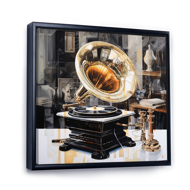 Gold Phonograph Reflections I - Music Canvas Prints, H 30 po x l 30 po x P 1 po, Cadre flottant noir