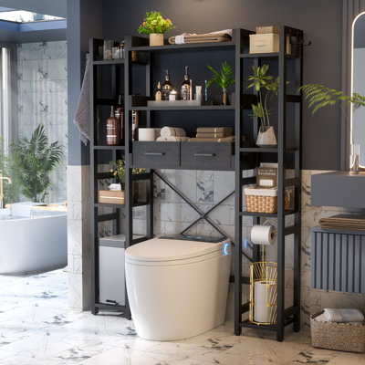 11 Tier Over The Toilet Storage Cabinet With 2 Drawers, Bathroom Organizer With Adjustable Shelf
