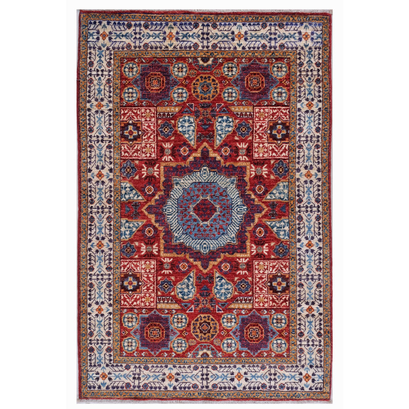 Tapis rouge et blanc noué à la main de haute qualité
