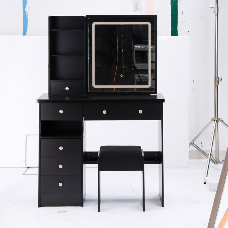 Left Drawer 37" Desktop Vanity Table And Cushioned Stool, Large Sliding Mirror With Touch - Controlled Tri Color Led Brightness Adjustment For Big Spaces Middle Size 37 Inch Drawer, Based High