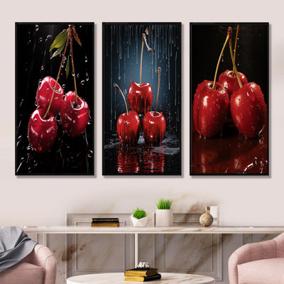 «Black and Red Cherry Delight I», ensemble de 3 reproductions d'art sur toile cerise