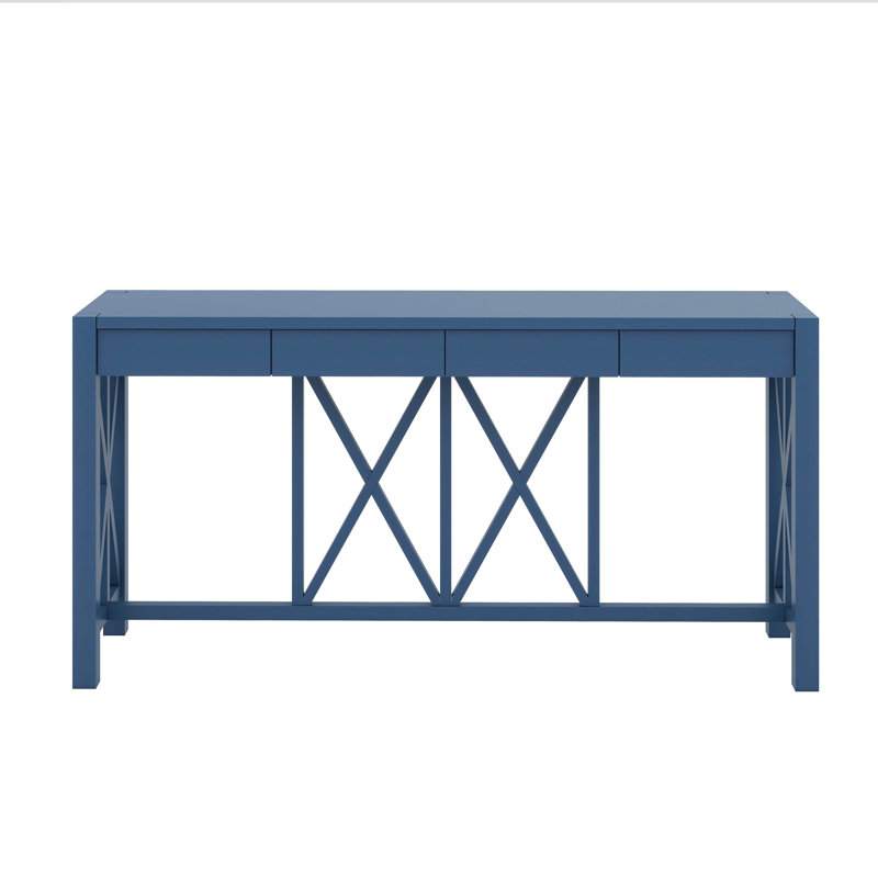 60'' Acacia Veneer Console Table With 4 Drawers, X-Design Entryway Table With Open Bottom Storage, Solid Acacia Legs