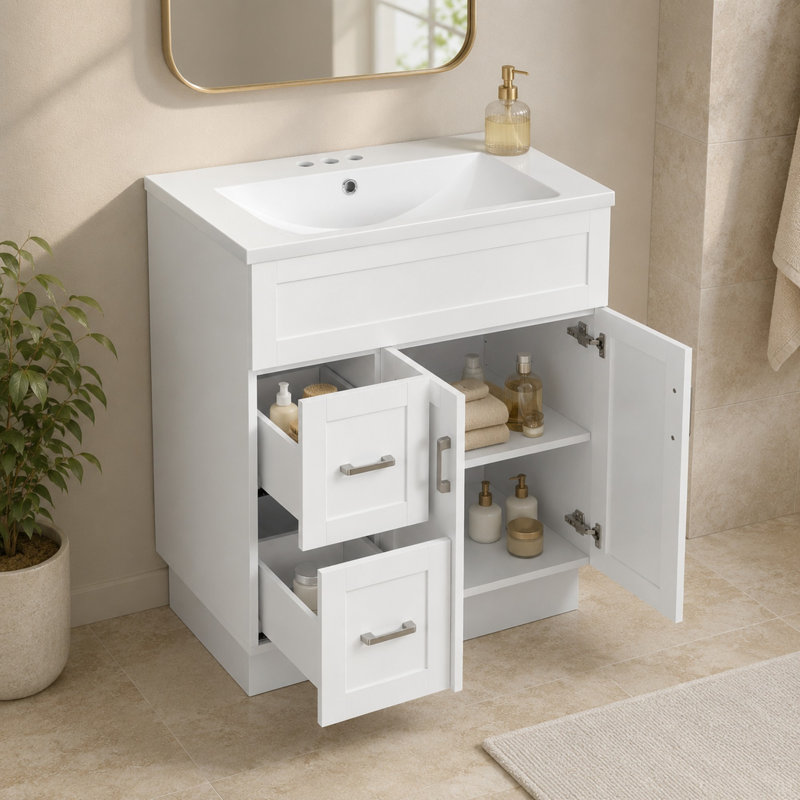Meuble-lavabo blanc de 30 pouces avec tiroirs à gauche