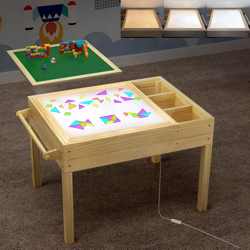 Table lumineuse pour enfants, table d'activités pour enfants 3 en 1 avec rangement, sensoriel à DEL, brique de construction et station d'art avec porte-rouleau de papier pour enfants de 3 ans et plus