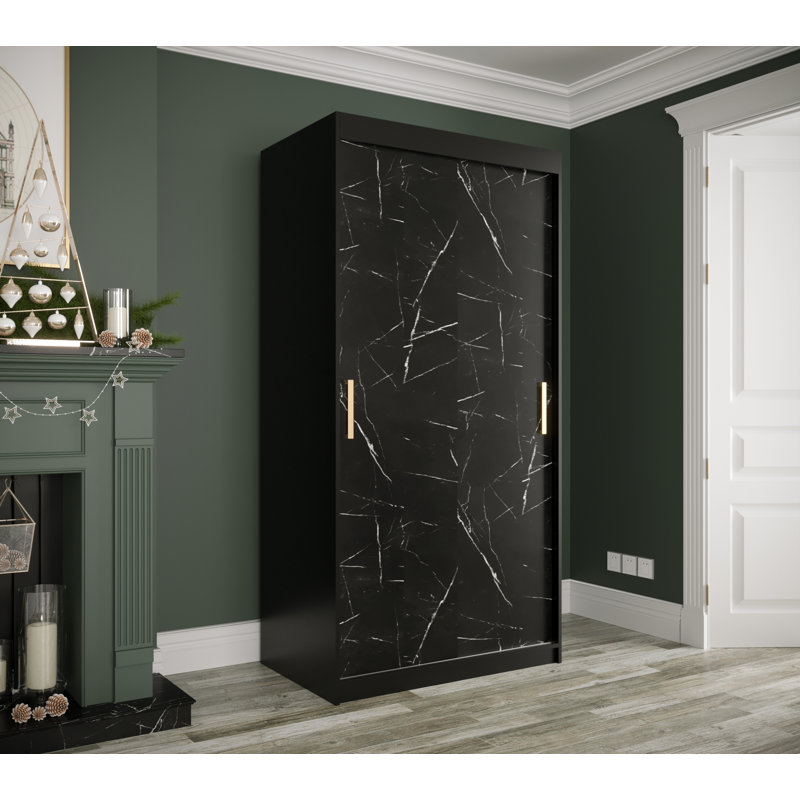 Vaucluse 2 Door Manufactured Wood Wardrobe, 200cm H x 100cm W x 62cm D, Black Matt/Black Marble