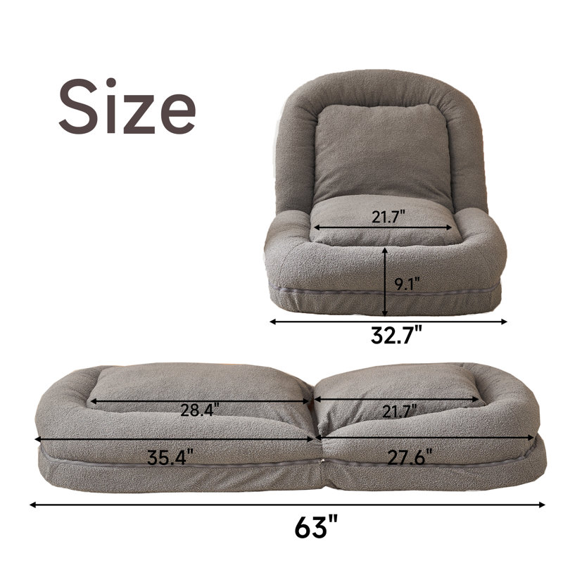 Upholstered Teddy Fabric Metal Framed Reclining Floor Sofa Chair with Adjustable Backrest, Gray Teddy