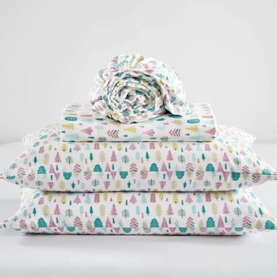 3 Pcs Twin Xl Cotton Flannel Printed Sheet With White Holiday Trees Pattern, Material, Machine Washable, 100% Style,