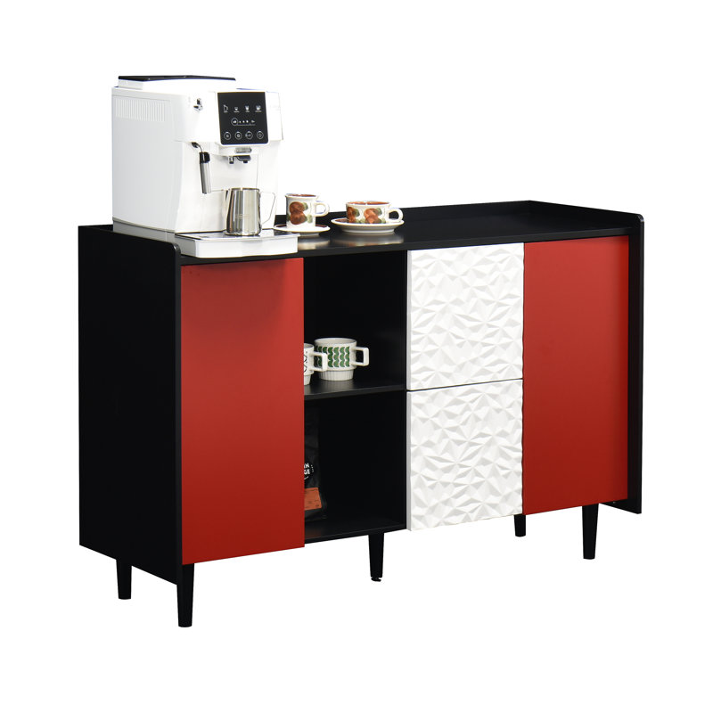 Buffet moderne noir et rouge pour la salle à manger Buffet moderne avec portes de corps, 2 tiroirs et compartiments ouverts