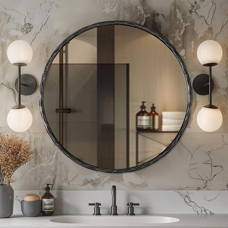Vintage Round Bathroom Vanity Mirror | Hand-Hammered Iron Frame, Forged Black, 36" x 36"