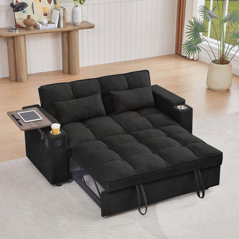 Canapé-lit chenille en tissu avec accoudoirs de rangement, port USB et table d'appoint, Noir