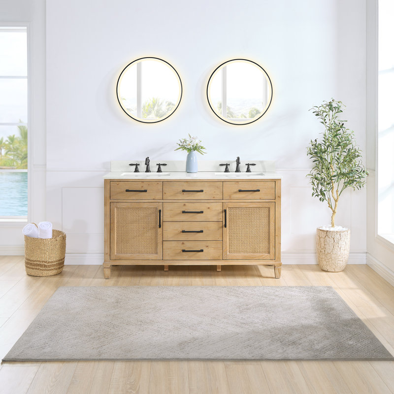 Meuble-lavabo double autoportant Armanno de 60 po avec comptoir en quartz et miroir