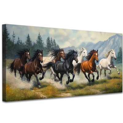 Running Horses Wall Art - Horse Canvas Artwork for Living Room, Seven Horses Wall Decor Painting for Bedroom, Framed Animal Pictures Vastu Style Canvas, 16×32 inches