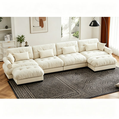 166" Cream Velvet U-Shaped Sectional Sofa, Movable Ottomans & Deep Seat, No Assembly