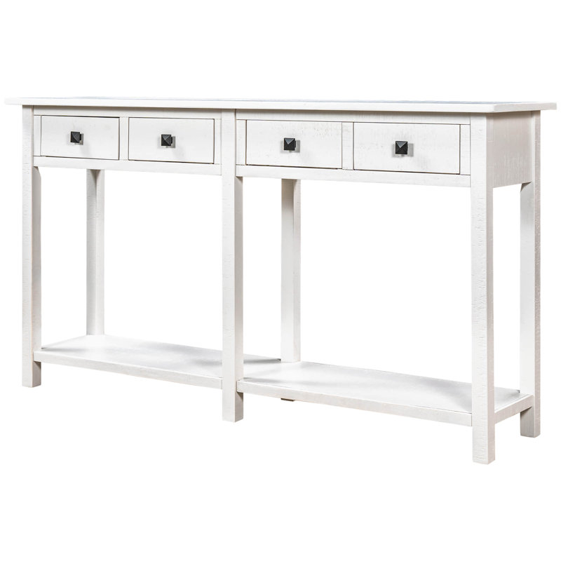 Console d'entrée rustique à texture brossée avec tiroirs et tablette inférieure pour le salon, Blanc