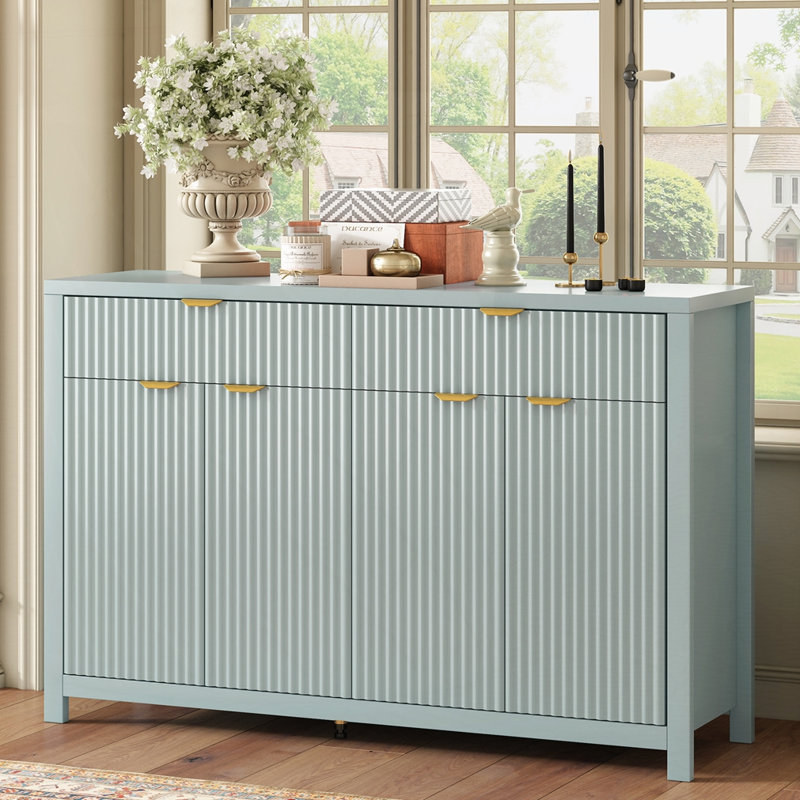 Modern Wave-Pattern Sideboard Cabinet with 2 Drawers & 4 Doors, Adjustable Shelves, Aluminum Handles – Scandinavian Storage for Entryway, Living Room