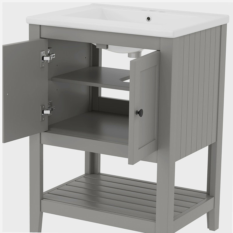 Meuble-lavabo minimaliste moderne de 24 po avec bol en céramique et tablettes ouvertes en bois massif, Gris