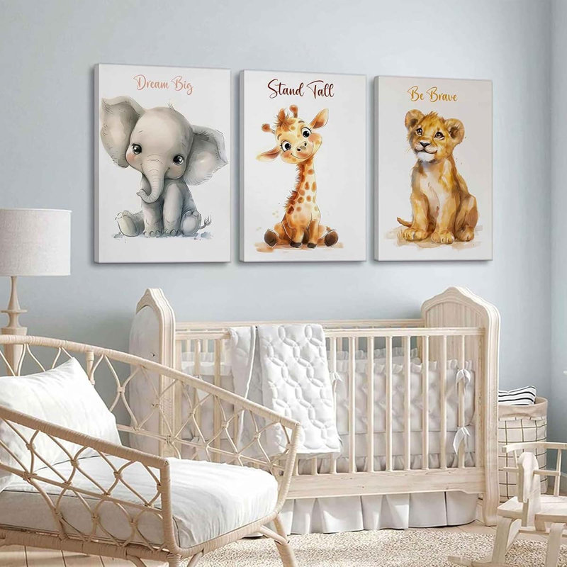 60*40,3 Pcs Safari Nursery Canvas Wall Art Kids Cute Inspirational Animal Lion Giraffe Elephant Painting.
