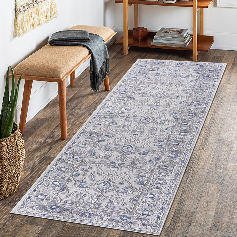 Grey / Blue / Oriental Area Rug, Runner 2'2" x 8'