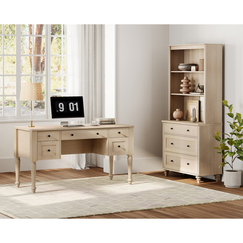 Ensemble de bureau 2 pièces, bureau double 56 "et bibliothèque avec tiroirs, beige