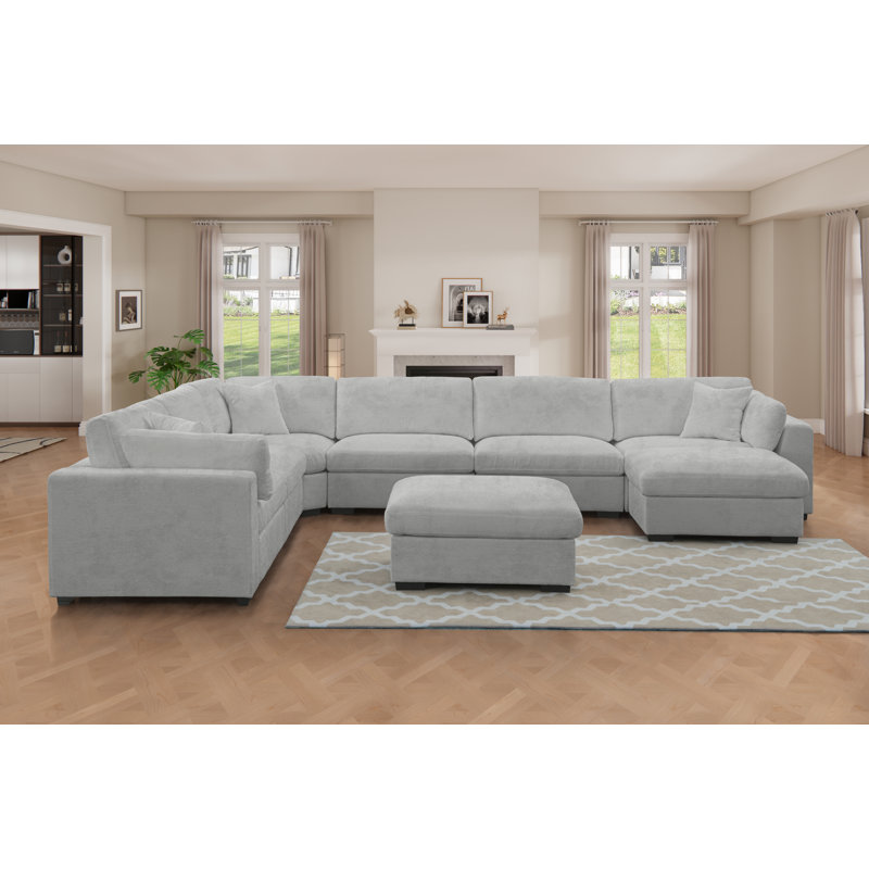 Upholstered Oversized 8 Seater Modular Sectional With Two Large Movable Ottomans, Light Gray Chenille