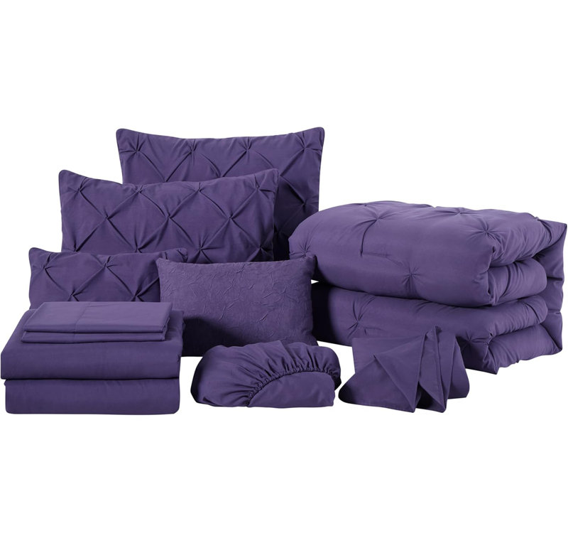 10-Piece Pintuck Bed in a Bag Comforter Set with Sheets and Decorative Pillows, Dark Purple
