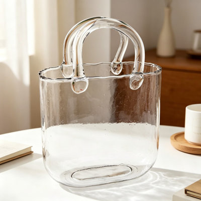 Handmade Clear Glass Bag Vase For Flowers, Purse Shaped Vase For Centerpieces, Functional And Stylish Decorative Glass Vase